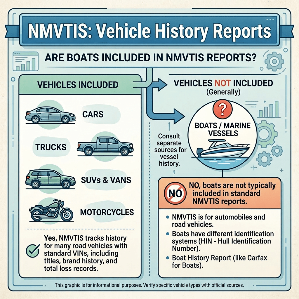 NMVTIS includes cars, trucks, SUVs, vans, motorcycles; excludes boats and marine vessels